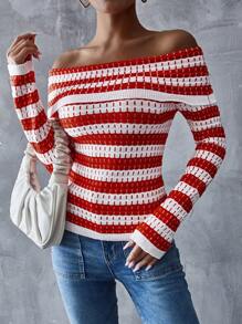 SHEIN Essnce Women's Striped Print Off Shoulder Long Sleeve Knitted Sweater - Red and White - View 3