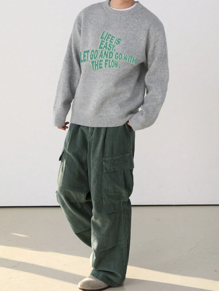 Men's Autumn Letter Printed Round Neck Long Sleeve Sweater