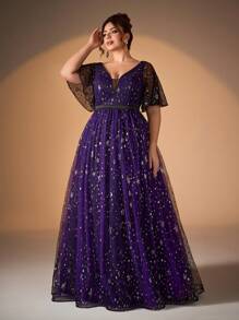 大码女式正式派对礼服，V 领，亮片刺绣，撞色，双层网眼喇叭裙 - 紫色 - 查看 1