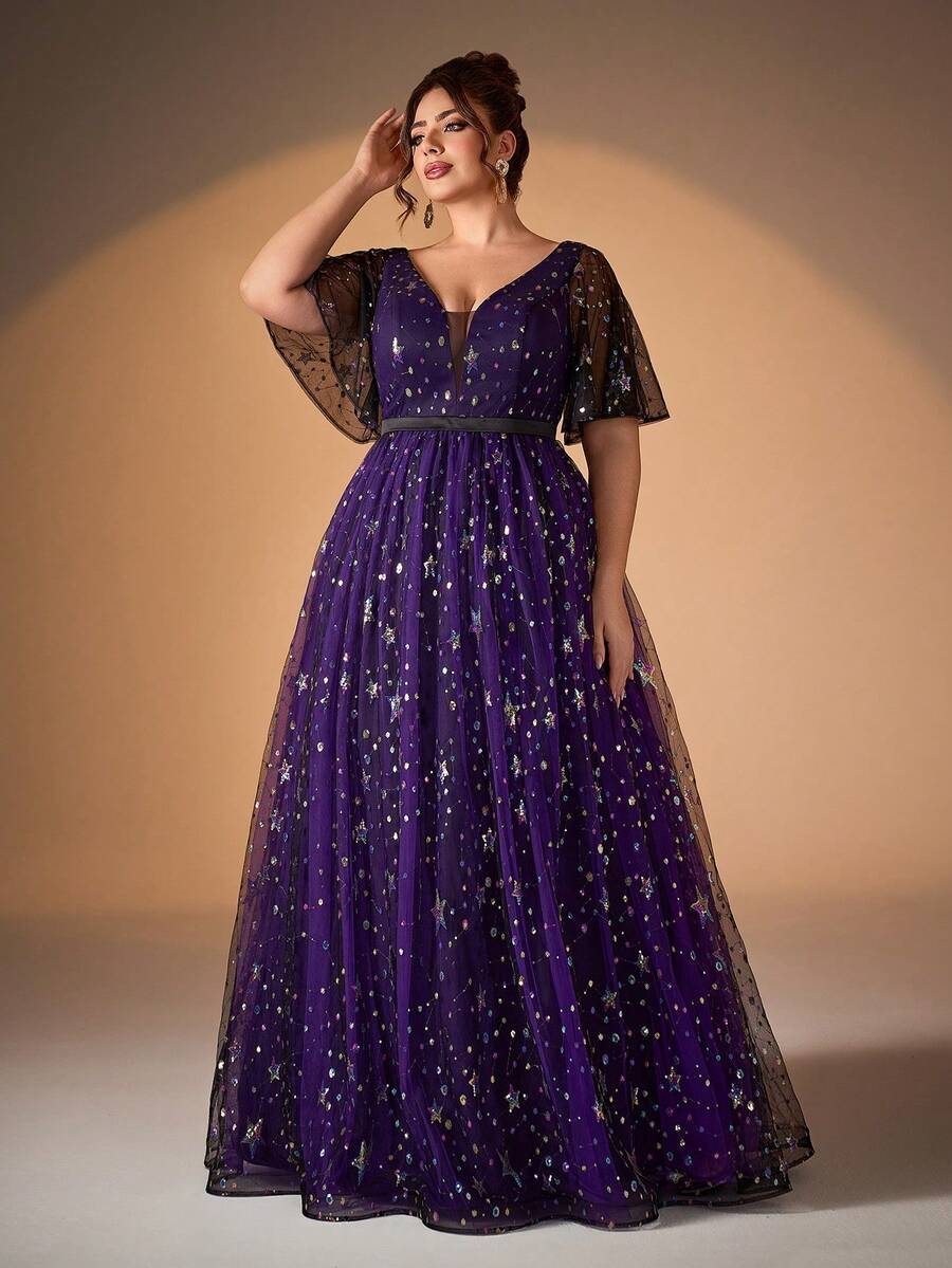 大码女式正式派对礼服，V 领，亮片刺绣，撞色，双层网眼喇叭裙 - 紫色 - 查看 1