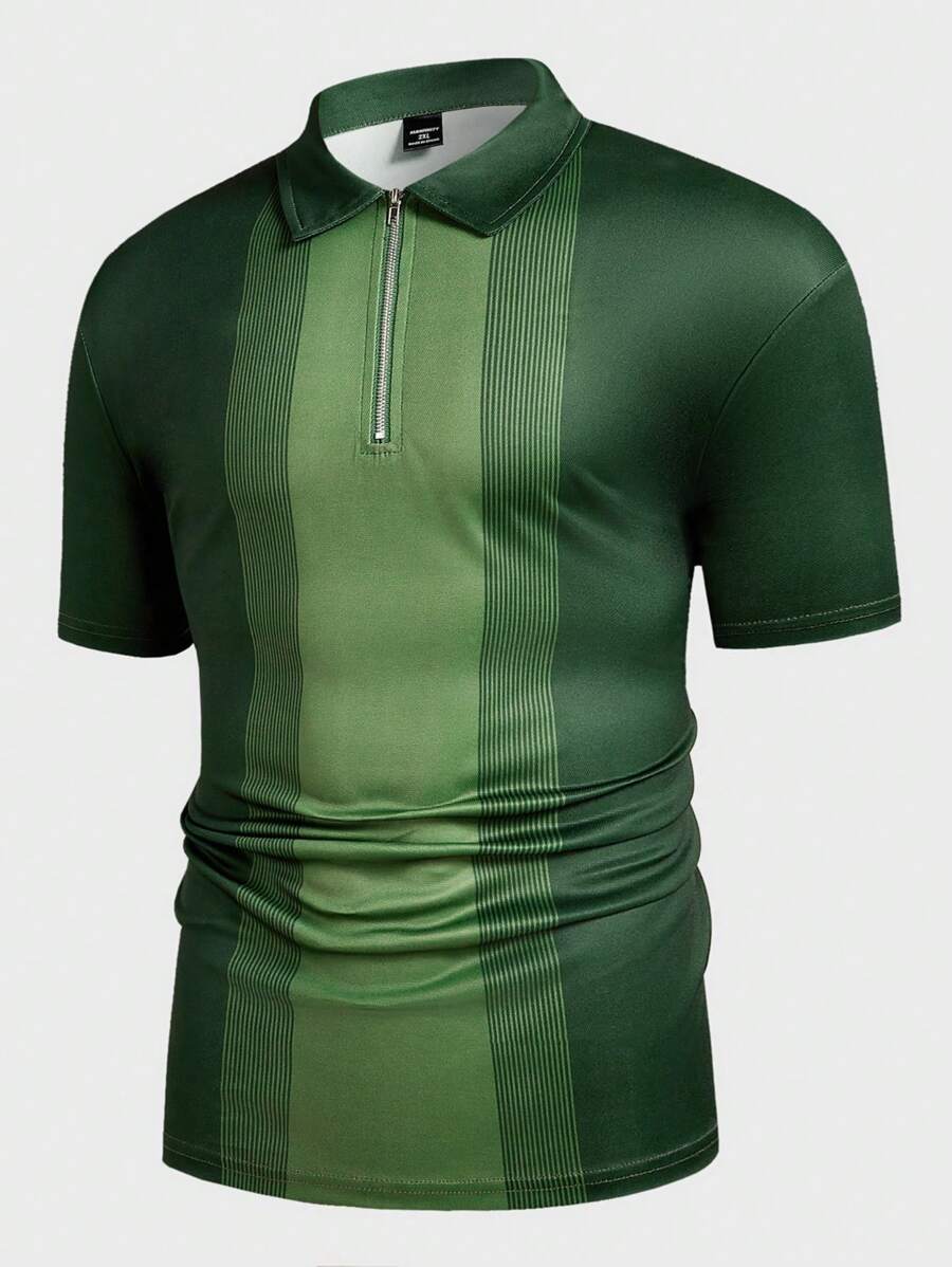 Manfinity Homme Men's Plus Size Summer Striped Short-Sleeved Zipper Half-Placket Casual Polo Shirt - Green - View 1