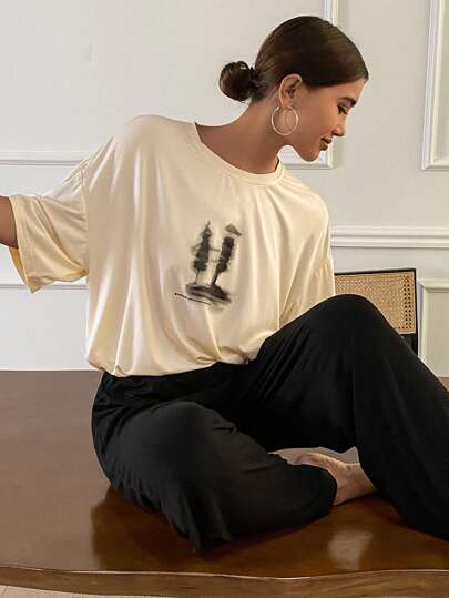 DAZY 春夏休闲简约印花短袖上衣和长裤宽松家居服套装睡衣