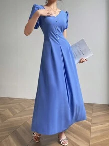 Mulvari 女士优雅纯色泡泡袖长裙，夏季 - 藍色 - 查看 3
