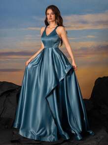 Sleek Satin V-Neck Fishbone Pleats With Asymmetrical Ruffle Trim, Elegant Fit And Flare Gown Dress Party Dress Wedding Guest Dress Formal Dress Evening Dress