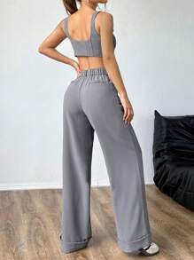 SHEIN EZwear 休闲纯色阔腿西装裤两件套 - 灰色 - 查看 2