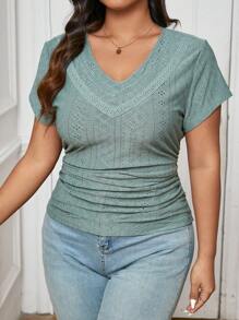 SHEIN Frenchy Plus Size Áo thun ngắn tay cổ chữ V phối ren thông thường - màu xanh lá - Xem 4