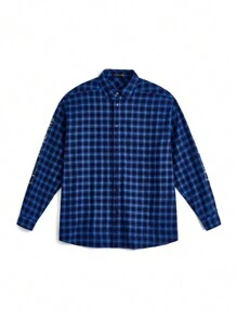 Manfinity VCAY Men's Street Woven Logo Ink Printed Plaid BOXY Long Sleeve Shirt, Suitable For Autumn And Winter Fashion - Blue - View 11