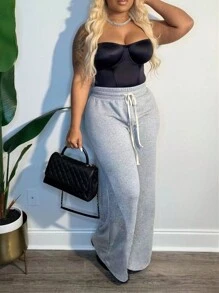 INAWLY Solva Quần short ống rộng có dây rút màu trơn thường ngày cho nữ - Xám - Xem 3