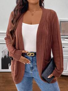 SHEIN Clasi Plus Size Casual, Featuring Pocket Design, Warm, Buttonless Knitted Cardigan. Suitable For Work, Outings, Home, Shopping, And Gatherings , Brown Cardigans In Women In Fall/Winter - Coffee Brown - View 1