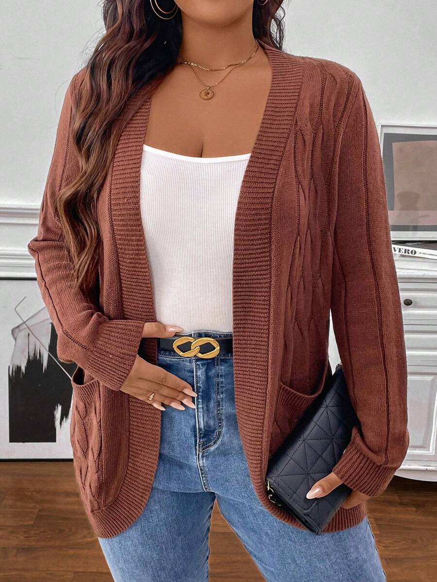 SHEIN Clasi Plus Size Casual, Featuring Pocket Design, Warm, Buttonless Knitted Cardigan. Suitable For Work, Outings, Home, Shopping, And Gatherings , Brown Cardigans In Women In Fall/Winter - Coffee Brown - View 1