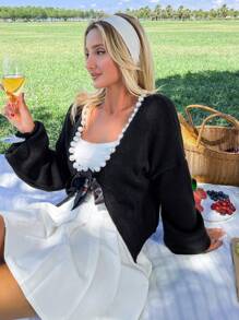 EURMUSE Faux Necklace Thread Knitted Cardigan - Black - View 5