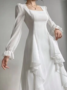 Modelyn Women's Solid Color Simple Daily Wear Square Neck Long Sleeve Dress Maxi Women Outfit Long Evening Dresses Fall Cloth For Women - White - View 7