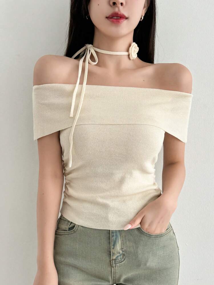 Solid Color Slim-Fit Knitted Top With Off Shoulder And Floral Tie For Women