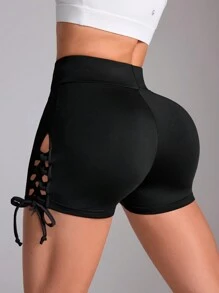 Slayform Women's Solid Color Simple Daily Wear Tie Belt Sports Shorts - Black - View 4