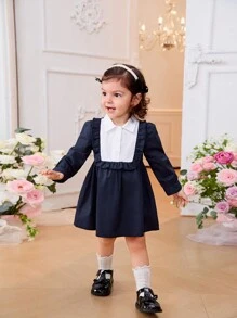 SHEIN Baby Girls' Elegant Vintage Black & White Patchwork Dress, Autumn/Winter - Navy Blue - View 3