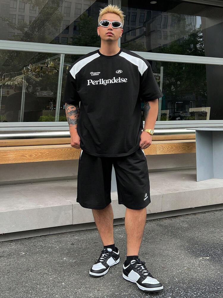 Men's Summer Letter Printed Short Sleeve T-Shirt And Shorts Set Back To School