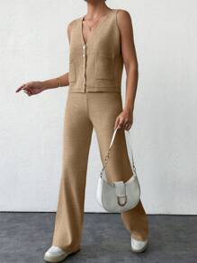 EURMUSE Knitted Plain Vest With Front Row Button, Pockets And Sweater Pants 2-Piece Set - Camel - View 6
