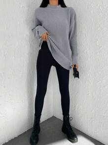 SHEIN Cottnline Mock Neck Drop Shoulder Split Hem Sweater - Grey - View 2
