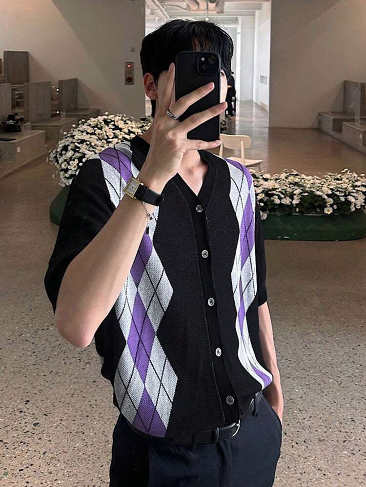 Men's Summer Knitted Geometric Pattern Top Back To School