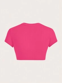 SHEIN EZwear 休闲简约圆领短袖修身短款女式T恤，适合夏季 - 玫紅色 - 查看 2