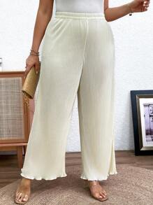 SHEIN Clasi Plus Size Casual Solid Color High Waist Wide Leg Pants Fall Cloth For Women - Apricot - View 5