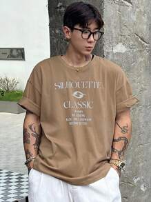 DAZY 男士夏季标语印花圆领短袖休闲T恤，图案T恤 - 卡其色 - 查看 3