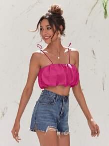 SHEIN VCAY Women's Summer Solid Color Ruffle Cropped Camisole, Hot Pink Top - Hot Pink - View 5