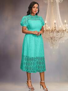 蕾丝镂空泡泡袖 A 字型圣诞派对礼服优雅鸡尾酒半正式舞会婚礼宾客礼服，适合生日、毕业典礼、晚宴、返校节 - 薄荷綠 - 查看 5