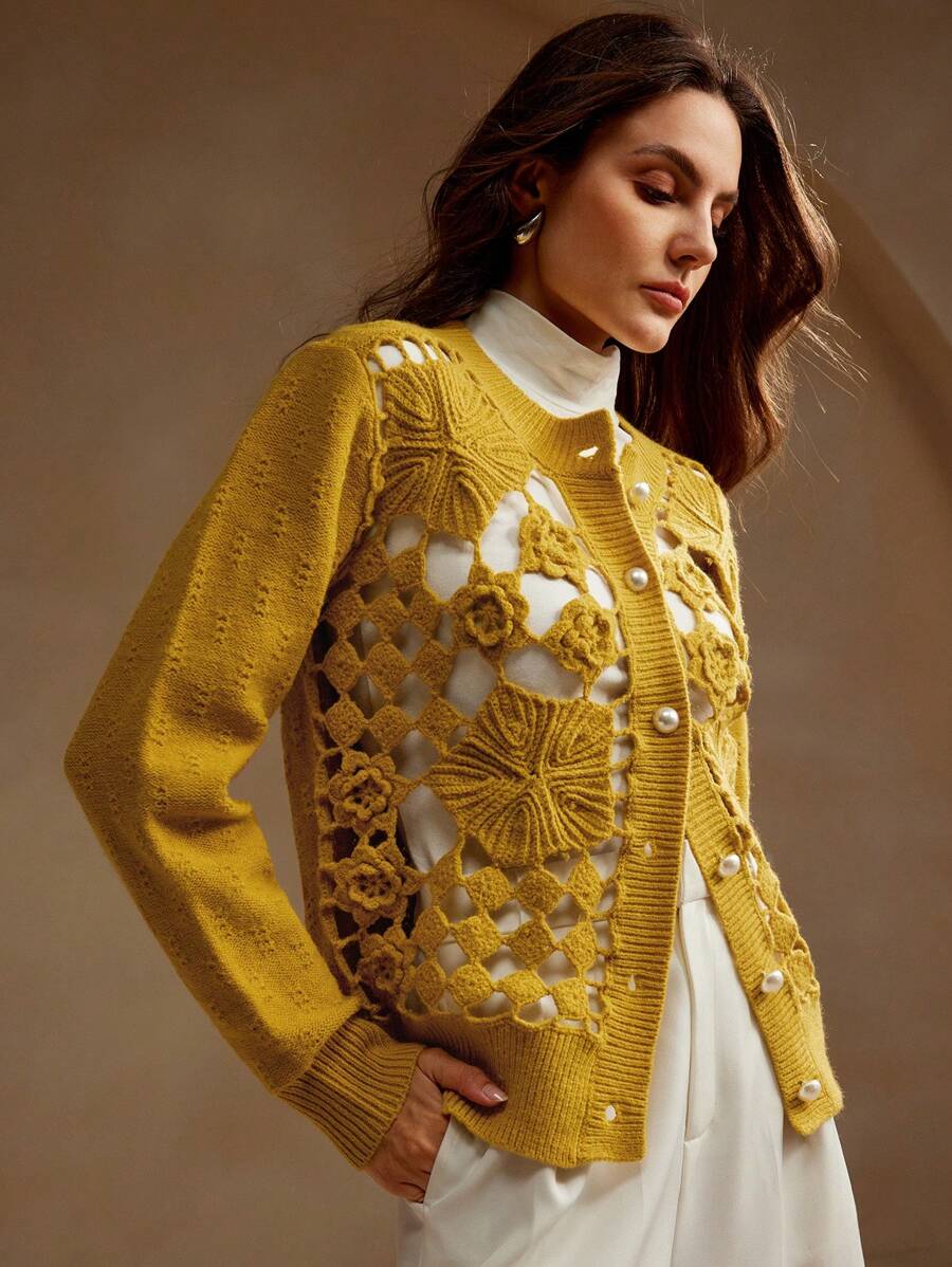 Anewsta Mùa xuân và mùa thu giản dị hai lớp thủ công móc rỗng áo len dệt kim hoa 3D - màu xanh lá - Xem 1