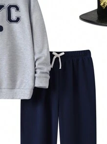SHEIN 2 peças/conjunto de moletom com capuz para meninos adolescentes, casual, azul marinho, estampa de letras em inglês e cinza mesclado + calça com cordão azul marinho, adequado para outono/inverno, quente, versátil, clássico