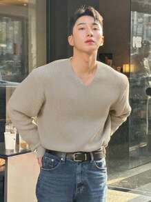 DAZY Men's Solid Color V-Neck Casual Long Sleeve Sweater, Autumn - Khaki - View 1