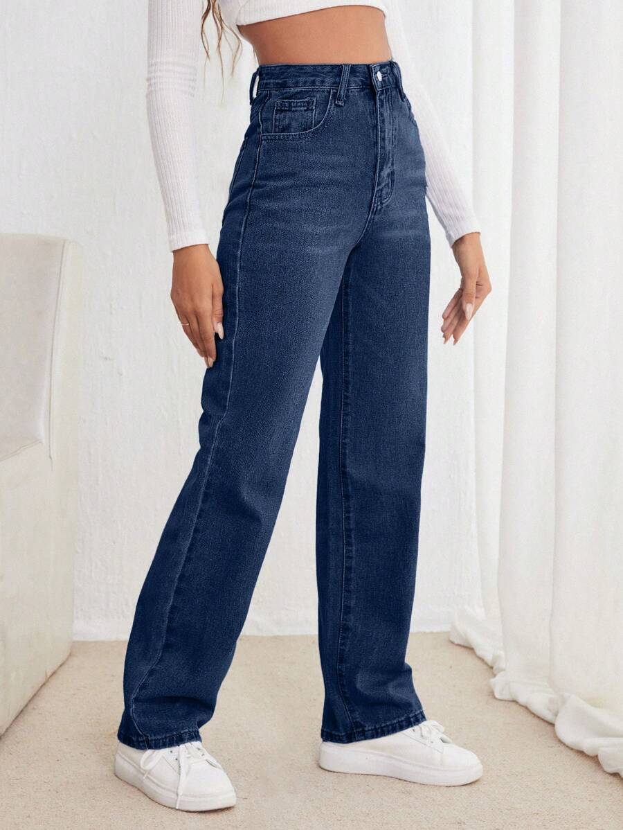 RueChic Jeans rectos de ajuste holgado y casual con bolsillos para dama - Azul lavado medio - Ver 1