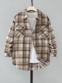 Kurtka dla nastoletnich dziewcząt w kratę, wełniana koszula z długim rękawem, wszechstronna do układania warstw lub jako odzież wierzchnia na wiosnę, jesień i zimę - Morela - Zobacz 3