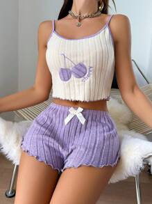 Cherry Embroidered Cami & Shorts Pajama Set With Bow Decor - Purple - View 3