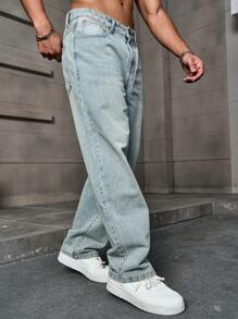 Manfinity Homme Men's Loose Fit Straight Leg Denim Jeans With Pockets, Casual & Versatile - Light Wash - View 7