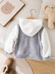 SHEIN 嬰兒男/女休閒可愛簡約色塊毛茸茸連帽外套，秋冬季 - 彩色 - 查看 2