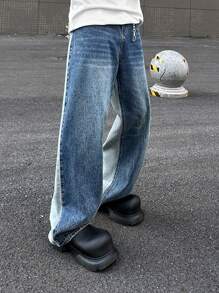 Claim Dot Y2K Retro Street Style Men's Mid-Blue Washed Denim Patchwork Wide Leg Baggy Jeans - Medium Wash - View 5