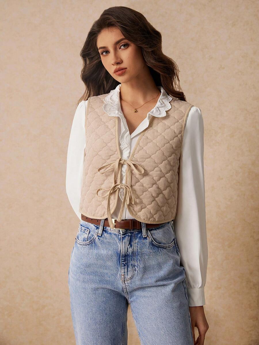 Poéselle Women's Khaki Vest With Lace-Up Padded Coat Vest Padded Coat Deep V Neck Sleeveless Diamond Plaid Textured Solid Color Simple Style Casual FashionWith Front Tied Belt, Daily Wear Fall Clothing Fall Jackets Vintage Jackets Quilted Vests Boho - Khaki - View 1