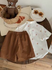 SHEIN LMoss Kids LMoss 2 件装年轻男童卡通熊图案 Polo 领短袖开衫上衣和纯色短裤适合旅行、上学、春夏季节 - 棕色 - 查看 3