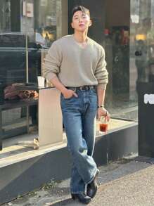 DAZY Men's Solid Color V-Neck Casual Long Sleeve Sweater, Autumn - Khaki - View 7