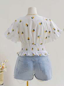 Soleia Vacation White Embroidered V-Neck Blouse With Ruffle Trim And Comfortable Plus Size - Multicolor - View 3