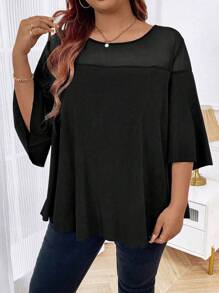 SHEIN Clasi Camisa de manga acampanada de unicolor casual de talla grande para primavera, otoño y verano - Negro - Ver 4