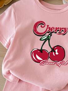 SHEIN Leap Crew ModeFlare 女婴休闲简约樱桃印花圆领短袖短裤套装，适合夏季穿着，含95%棉，圣诞节礼物 - 粉色 - 查看 3