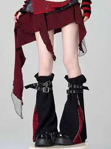 ROMWE Goth 1 双黑色喇叭形系带腿套，Y2K 朋克风格拉链腿套，日常时尚百搭腿套 - 彩色 - 查看 3