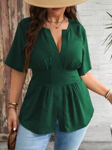 Vionelle 大码女式纯色简约日常短袖衬衫 - 墨綠色 - 查看 4