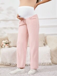 SHEIN 孕婦可調腰直筒牛仔褲，休閒多變 - 淺粉色 - 查看 4