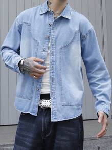 Manfinity EMRG 男士春夏宽松休闲通勤长袖牛仔衬衫，秋季 - 中等水洗藍 - 查看 3