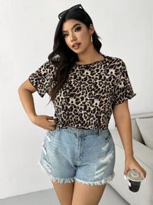 CovetEZ 大尺碼女士豹紋簡約日常短袖T恤 - 黑色 - 查看 5