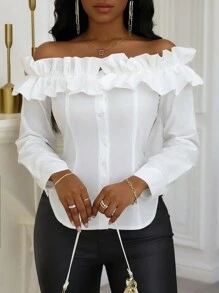 Zolique 春夏休闲纯色荷叶边荷叶边衬衫 - 白色 - 查看 6