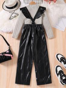 Tween Girls' Spring Autumn Casual Long Sleeve Knitted Top With PU Leather Shoulder Straps And Ruffle Edge Jumpsuit - Black - View 2